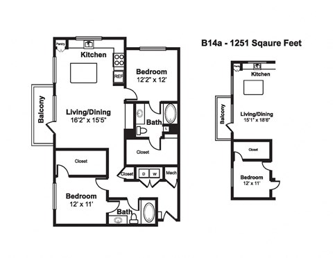Floor plan for 2 beds, 2 baths, 1261 sqft